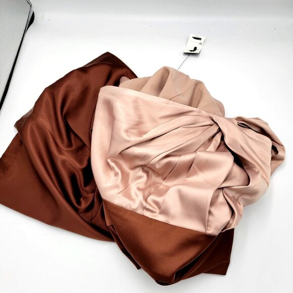 One-Shoulder Satin Midi Dress With Ruched Bodice In Blush Pink & Brown - Picture 9 of 12